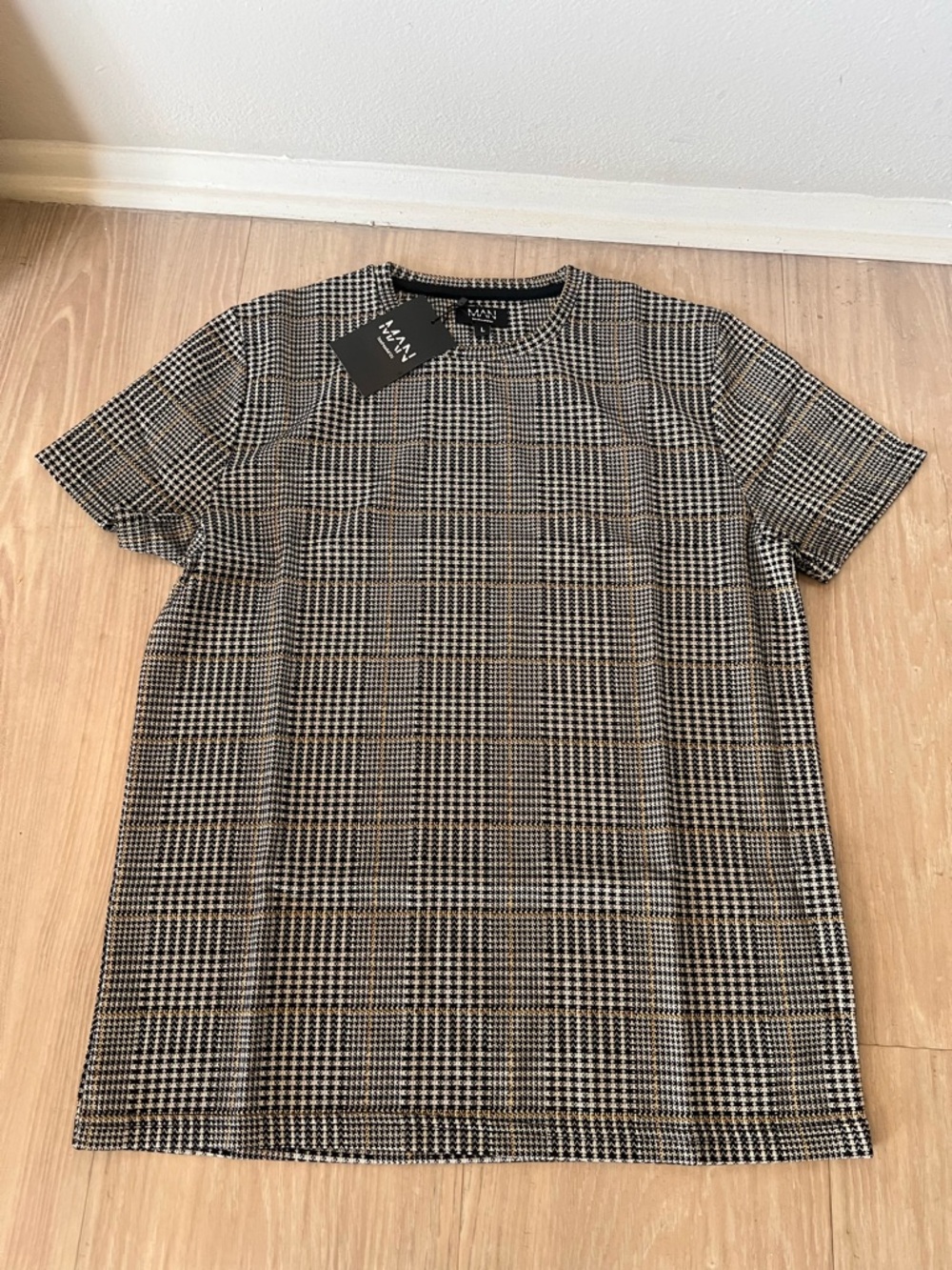 Modern Glen Plaid Short-Sleeve Crewneck Shirt - Black & Tan